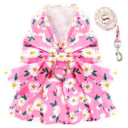 BAEJMJK Dog Dress Bowknot Harness Leash Set for Small Dogs Cats Daisy Floral Girl Dog Dresses Cute Puppy Princess Clothes Pet Doggy Outfits Spring Summer Breathable Dresses(Pink,X-Small)