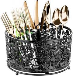 YIUKEA 360° Rotating Utensil Caddy - Silverware Cutlery Caddy Holder with 4 Compartment, Metal Flatware Organizer Countertop with Handle for Party Camping Picnic, Kitchen Counter, Office (Black)