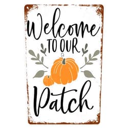 KENSILO Halloween Metal Tin Sign Welcome to Our Pumpkin Patch Humor Wall Decor Farm Decoration Sign 8 x 12 inch