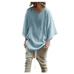 LEIYAN Mens Novelty Cotton Linen T-Shirts Casual 3/4 Sleeve Loose Comfy Beach Hippie Henley Shirts Tops Blue Medium