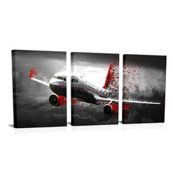 Biuteawal Airplane Canvas Wall Art Aircraft Flying in the Air Painting Prints Black Red Wing Breakage Pictures Plane Artwork Home Office Airport Framed Decor