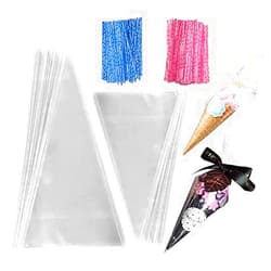 XIPEGPA 200pcs Clear Cellophane Bags Cone 2 Sizes for Treat Bags for Popcorn Candy Bags Triangle Plastic Party Gift Bags with 200 PCS Twist Ties 2 Mix Colors Ties and 2 Colour Ribbons