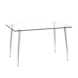 POULEII Glass Dining Table,Modern Minimalist Rectangular Table with Tempered Glass Tabletop and Silver Chrome Metal Legs for 6-8, Space Saving Dining Table for Kitchen Dining Room