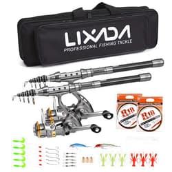 Lixada 2PCS Fishing Pole Combo Set 1.5/1.8/2.1/2.4m Rod Reel Telescopic Fishing Rod Carbon Fiber Spinning Reels Fishing Set with Hooks Soft Lures Barrel Swivels Storage Bag