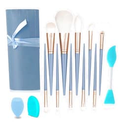WOBEVB 13Pcs Makeup Brushes - Professional Synthetic EyeShadow Blending Powder Liquid Cream Face Brushes Blue Cosmetic Brushes Kit with Bag