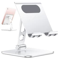 OMOTON Upgraded Adjustable Tablet Stand Holder, Heavy Duty Foldable Portable Monitor Stand, Travel Essentials for iPad Pro/Air/Mini, Surface Pro, Portable Monitor 4.7''-15.6', Silver