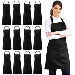 Syntus 12 Pack Bib Apron, Unisex Aprons Adjustable Thicker Version Waterdrop Resistant with 2 Pockets Cooking Kitchen Aprons for Women Men Chef, BBQ Drawing Apron Bulk, Black