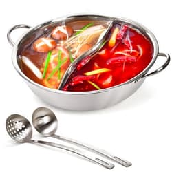Peohud Stainless Steel Hot Pot with Divider, 12 Inches Double-flavor Shabu Shabu Pot with Ladle and Slotted Spoon, Dual Sided Soup Cookware for Induction Cooktop Gas Stove
