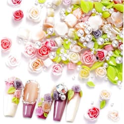 Jaliya 100pcs 3D Camellias Rose Flower Nail Art Charms with Nail Pearls Cute Leaves Flower Nail Charms for Acrylic Nails Colorful Nail Flowers for Nails Charms Floral Nail Charm Resin Charms for Nails Design