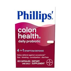 Phillips' Colon Health Daily Probiotic Capsules, 4-in-1 Symptom Defense to help defend against Occasional Gas, Bloating, Constipation, and Diarrhea, Daily Supplement, 60 Count