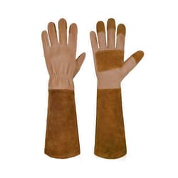 HANDLANDY Long Gardening Gloves for Men & Women, Cowhide Leather Rose Pruning Gloves- Breathable & Durable Gauntlet Gloves (Medium, Brown)