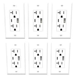 TOPGREENER 20 Amp USB Outlet, Type C USB Wall Charger Outlet, 20A Tamper-Resistant Receptacle with 2 USB Charging Ports, TU22036AC-W-6PCS, White, 6 Pack