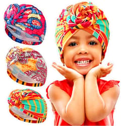 Geyoga 3 Pieces Kids Knot Pre Tied Turban African Soft Cotton Turban Stretch Head Wear Head Wrap for Boys Girls