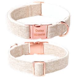 MR.CHUBBYFACE MR. CHUBBYFACE Personalized Nameplate Khaki Dog Collar, Cotton Hemp Customized Dog Collar with Phone Number, Adjustable X-Small Soft Dog Collar for Female Girl Boy Dog