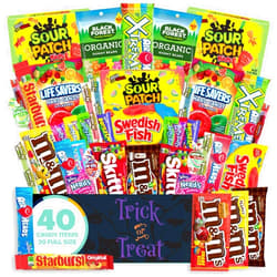 The Care Crate Co. Halloween Candy Snack Box (40 Full Size Variety Gift Basket Care Package) Sour Patch Kids, M&Ms, Starburst, Swedish Fish, Skittles & More - The Care Crate Co.