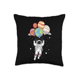 Floating Astronaut Space Balloon Art for Kids Astronaut Holding Planet Balloons Space Adventure for Kids Throw Pillow