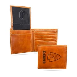 Rico Industries NFL Kansas City Chiefs Premium Laser Engraved Vegan Brown Leather Bill-fold Wallet - Slim yet Sturdy Design - Perfect to Show Your Team Pride or Gift