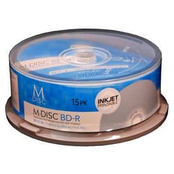 Millenniata Inc. 15 Pack Millenniata M-Disc BD-R 25GB 4X HD White Inkjet Printable 1000 Year Permanent Data Archival/Backup Blank Media Recordable Disc