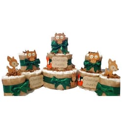 Handmade Adventure Time Woodland Theme Diaper Cake 5 piece set - 3 Tier - Baby Shower Gift - Brown Green - Fox Deer Owl