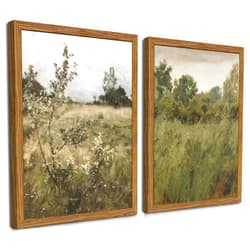 Zeredi Vintage Landscape Wall Art Set of 2, Green Natural Wilderness Farmhouse Canvas Wall Decor Paintings, Retro Country Wildflower Oil Pictures Posters Prints for Living Room Bedroom 12x16 Inch Wood Framed