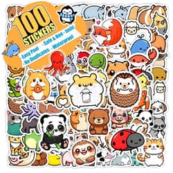 Yeoeigm 100 PCS Water Bottle Stickers for Kids, Cute Vinyl Aesthetic Waterproof Stickers for Laptop, Bumper, Skateboard, Water Bottles, Computer, Phone, Cartoon Anime Stickers (Cute Animals)