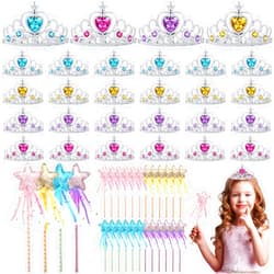 Janinka 48 Pcs Princess Party Favors 24 Tiara Crown for Little Girls 24 Glitter Star Fairy Wand Princess Crowns for Kids Birthday Party Accessories for Little one
