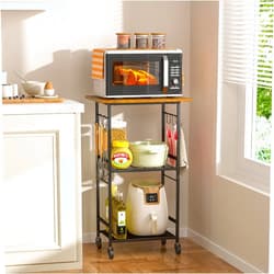 ThreeHio Rolling Kitchen Microwave Cart, 3 Tier Microwave Table Stand with Adjustable Shelf, Kitchen Storage Rack on Wheels, Coffee Station Cart Rack Shelf Organizer for Living Room Office, Balcony