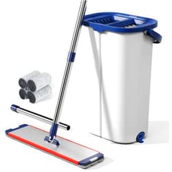 WBKATN Large Mop and Bucket with Wringer Set for Home, Hands Free Flat Floor Mop and Bucket System with 4 Washable Microfiber Pads, Wet and Dry Use, Mops for Floor Cleaning, Two Bucket Mop System