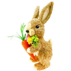 DearSun Easter 11.5'' H Straw Bunny Figurines Tabletop Ornament Animal Art Crafts Straw Rabbit Holding Carrot Spring Party Garden Table Decoration (Straw Bunny Style3)