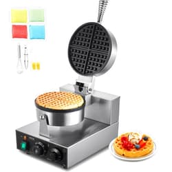 VEVOR Commercial Waffle Maker, 1230W Round Waffle Baker Machine, Non-Stick Stainless Steel Belgian Waffle Iron with Temperature and Time Control, Handle, for Restaurant Bakery Snack Bar Family