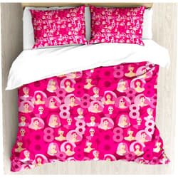 Ambesonne Women's Day Duvet Cover Set, Pattern of Circular Lady Portraits Symbolic 8 of March Design, Decorative 3 Piece Bedding Set with 2 Pillow Shams, Queen Size, Magenta Pale Pink Peach