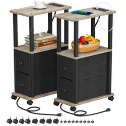 TUTOTAK Small Narrow End Tables, Side Tables with 2 Fabric Drawers, Set of 2, Bedside Tables with Charging Station for Small Spaces, Slim Nightstands with USB Ports and Wheels, TB01BG053