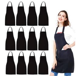 NOBONDO 12 Pack Bib Apron - Unisex Black Apron Bulk with 2 Roomy Pockets Machine Washable for Kitchen Crafting BBQ Drawing