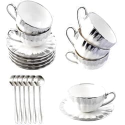 CHANJOON 6 Teacups Tea Tray Spoon Set, 6oz with Galvanized Gold Rim and Gift Box, Ceramic White English Coffee Teacup (silver, Large)