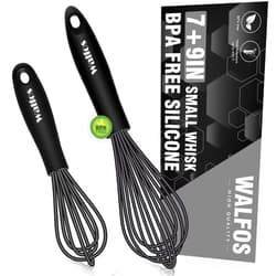 Walfos Silicone Whisk,7+9in Mini Whisk,BPA Free,Small Whisk for Non-Scratch,Heat Resistant (450°F) Nice for stirring individual eggs and mixing small amounts of powder and sauce.Dishwasher Safe.Black.