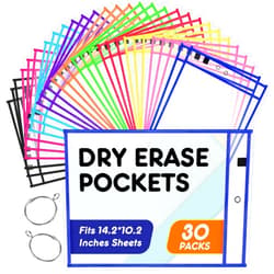 OleFun 30 Pack Dry Erase Pockets, 10 X 14 in Reusable Dry Erase Pocket Sleeves in 10 Colors, Plastic Clear Sheet Protectors, School Teacher Supplies, Organization for Classroom Storage