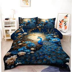 CCoutueChen Peacock Comforter Bird Floral Bedding Set King Women Chic Boho White Flower Comforter Peacock Feather Decor Quilt Set 3Pcs Soft Lightweight Down Comforter with 2 Pillowcases