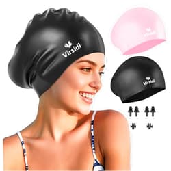VIRSIDI 2 Pack Large Swim Caps for Long Hair, Silicone Swimming Cap for Adult Women Men, Waterproof Swim Hats Bathing Caps to Keep Hair Dry with Bonus Nose Clip and Earplugs