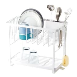 Yamazaki Home Two-Tier Adjustable Dish Drainer Rack, Compact Drying Rack with Hooks, Utensils Holder, Steel, Draining Spout, Water Resistant, No Assembly Req., White