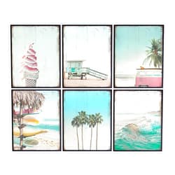 YELLOWBIRD ART & DESIGN Rustic Vintage Nautical Ocean Poster Prints for Beach House Decor, Home Decoration Set - 6-8x10 Tropical Summer Wall Art - Cute Shabby Chic Gift - UNFRAMED Photo Pictures - Flamingo, Palm Tree, Wave