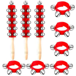 LEIFIDE 9 Pcs Christmas Handle Jingle Bells Wooden Hand Sleigh Wrist Band Shaker Bells for Kids Baby Toddler Music Enlightenment Instruments Holiday Christmas Gifts(Red)