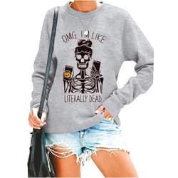 MOUSYA Women Skull Sweatshirt Casual Coffee Cup Graphic Tee Leopard Skeleton Pullover Funny Letter Print Long Sleeve Shirt