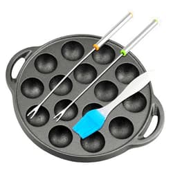 LNQ LUNIQI Escargot Dish Cast Iron Takoyaki Mushroom Plate with 15 Compartment Holes, Octopus Ball Maker with Forks and Brush for Snails, BBQ, and Mushroom Cooking