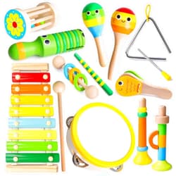 Coogam Wooden Musical Instruments for Toddlers, Tambourine Xylophone Castanet Flute Maracas Playset, Wood Percussion Rhythm Music Toy, Montessori Educational Learning Gift