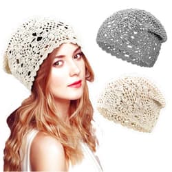 JenPen 2 Pieces Floral Crochet Slouchy Beanie Hat Handmade Knit Cutout Women Floral Skull Cap Stretchy Knitted Crochet Hat for Women