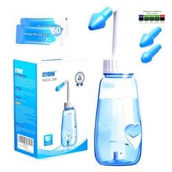 CYOUH Neti Pot Sinus Rinse Bottle Nose Wash Cleaner Pressure Rinse Nasal Irrigation for Adult & Kid BPA Free 260 ML with 60 Nasal Wash Salt Packets and Sticker Thermometer(Blue)