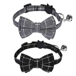 SLSON 2 Pack Breakaway Cat Collar with Bell and Bow Tie Plaid Kitten Collar for Cats and Small Dogs Pets Adjustable from 8-11In, Black and Grey