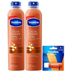 Vaseline Cocoa Radiant Spray 2-Pack for Dry Skin + Vaseline Lip Therapy Cocoa Butter Lip Balm (3 Piece Set)