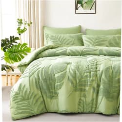 Generic Comforter Set,Floral Tufted Lightweight Bedding Comforter Set,Soft Botanical Palm Leaf Pattern Bed Set,3 Pieces,1 Natural Tropical Plants Comforter and 2 Pillow Shams (Green 02, Queen, Palm Leaf)