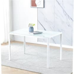 BELIFEGLORY Modern White Glass Dining Room Table Rectangle Kitchen Table with Grey Tempered Glass Tabletop Metal Frame Legs for Small Dinette 4/6/8 People Use